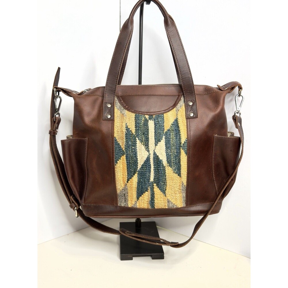 Western Look Deja Large Brown Full Grain Leather & Cross Stitch Pattern New